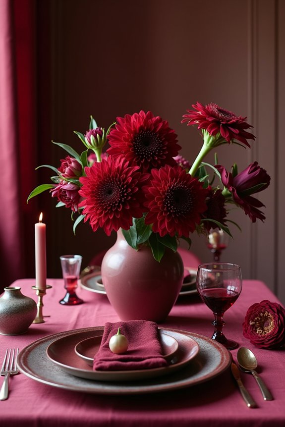 burgundy floral tablescape arrangement