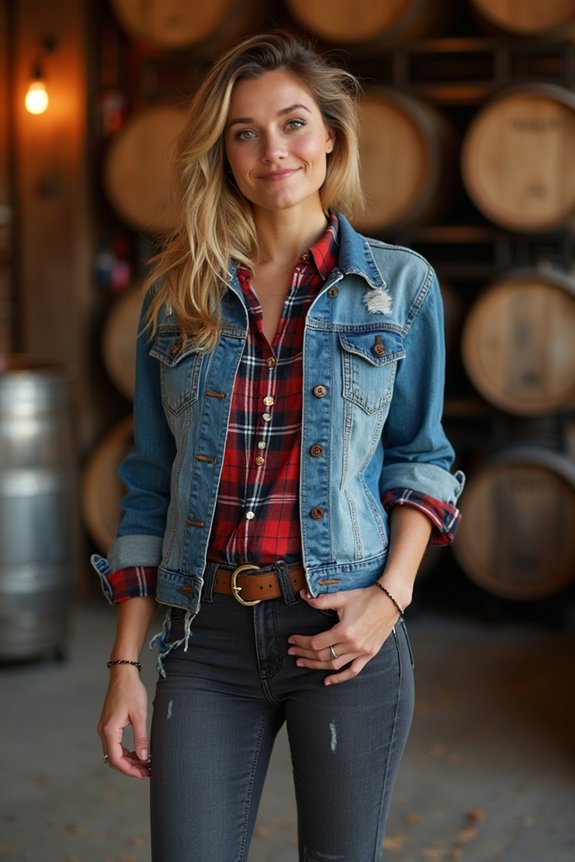 plaid denim leather layering