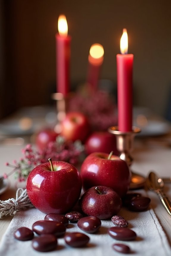 red candles and fruits